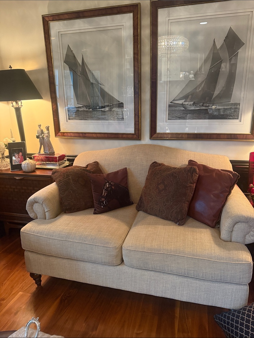 Ralph inspired leather backed with a brown/navy/0live green pillows. Set of 4